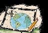 A world map and pencil on an open notebook